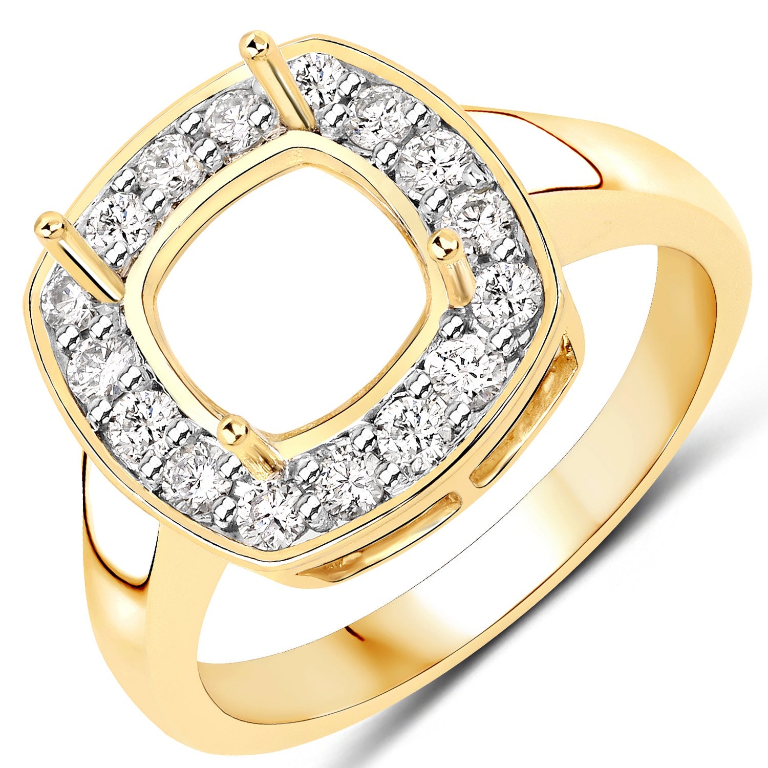 0.48 Carat Genuine White Diamond 14K Yellow Gold Semi Mount Ring - holds 8x8mm Cushion Gemstone by Bids.com