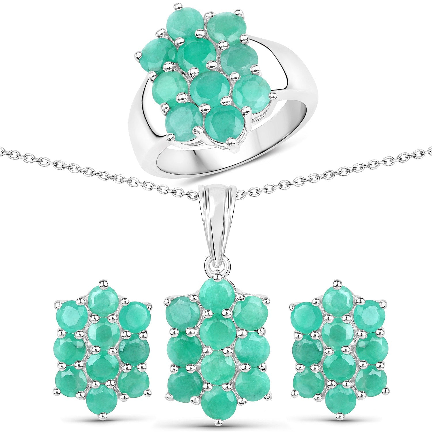 6.60 Carat Genuine Emerald .925 Sterling Silver 3 Piece Jewelry Set (Ring, Earrings, and Pendant w/ Chain) by Bids.com