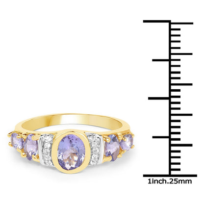 14K Yellow Gold Plated 1.64 Carat Genuine Tanzanite &amp; White Topaz .925 Sterling Silver Ring  DestGlow