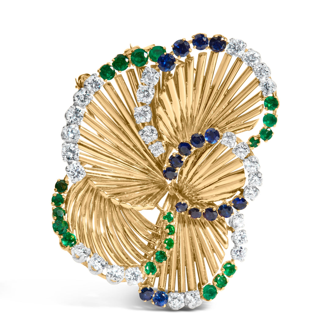 18K Yellow Gold 2 1/3 Cttw Diamond, Sapphire, and Emerald Sculpted Petal Brooch Pin (G-H Color, VS1-VS2 Clarity) by Bids.com