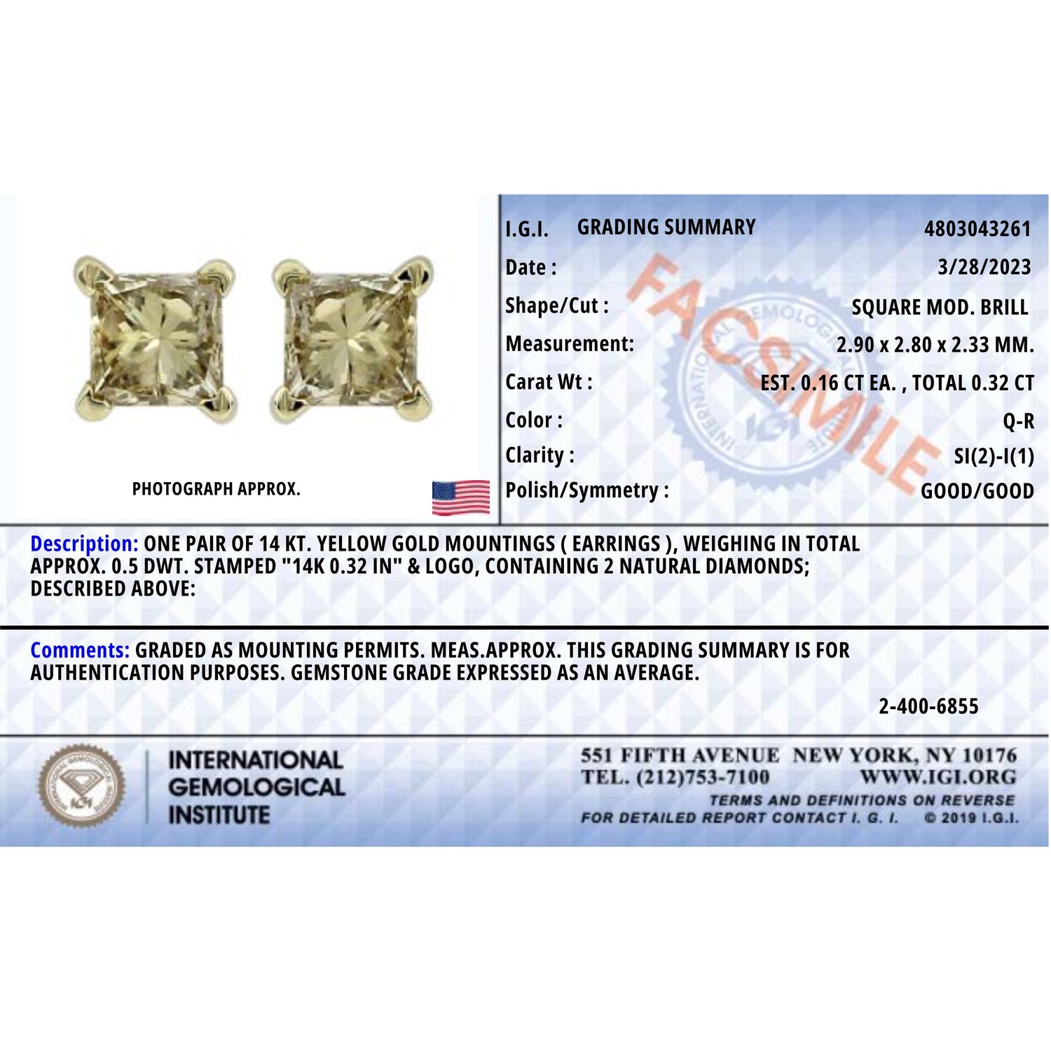 IGI Certified 14k Yellow Gold 1/3 Cttw 4-Prong Set Princess-Cut Solitaire Diamond Push Back Stud Earrings (Q-R Color, I1-I2 Clarity) by Bids.com