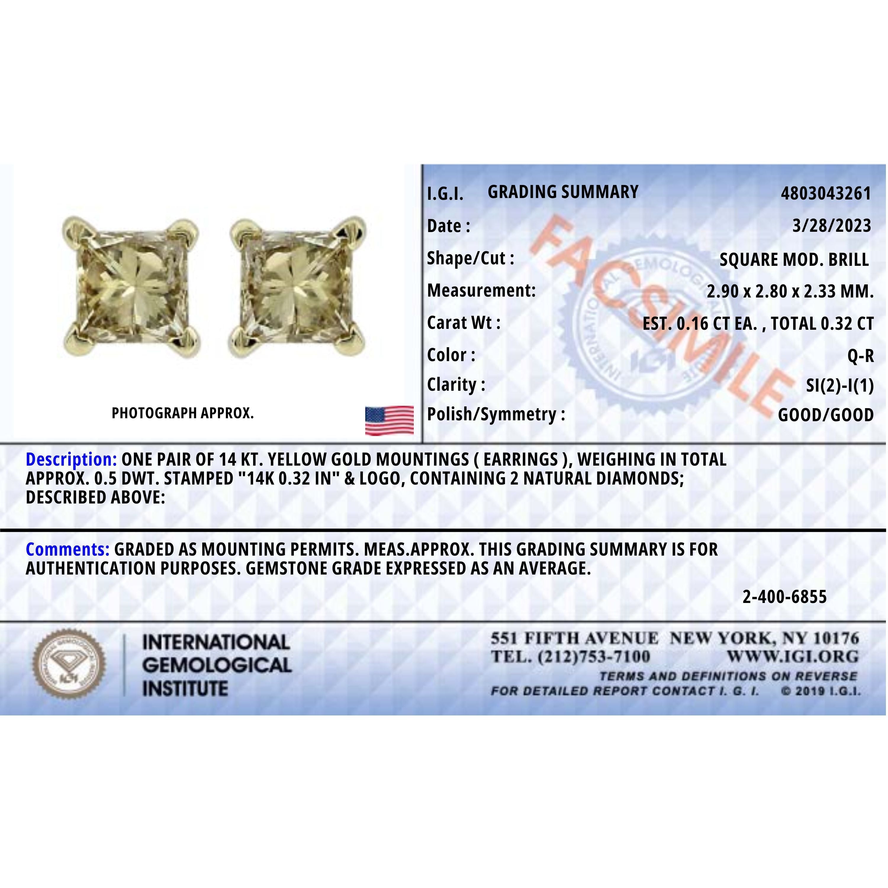 IGI Certified 14k Yellow Gold 1/3 Cttw 4-Prong Set Princess-Cut Solitaire Diamond Push Back Stud Earrings (Q-R Color, I1-I2 Clarity) by Bids.com