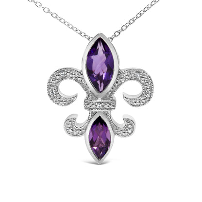 .925 Sterling Silver Purple Amethyst Marquise and Diamond Accent Fleur De Lis Pendant Necklace (H-I Color, SI1-SI2 Clarity) - Size 18" by Bids.com