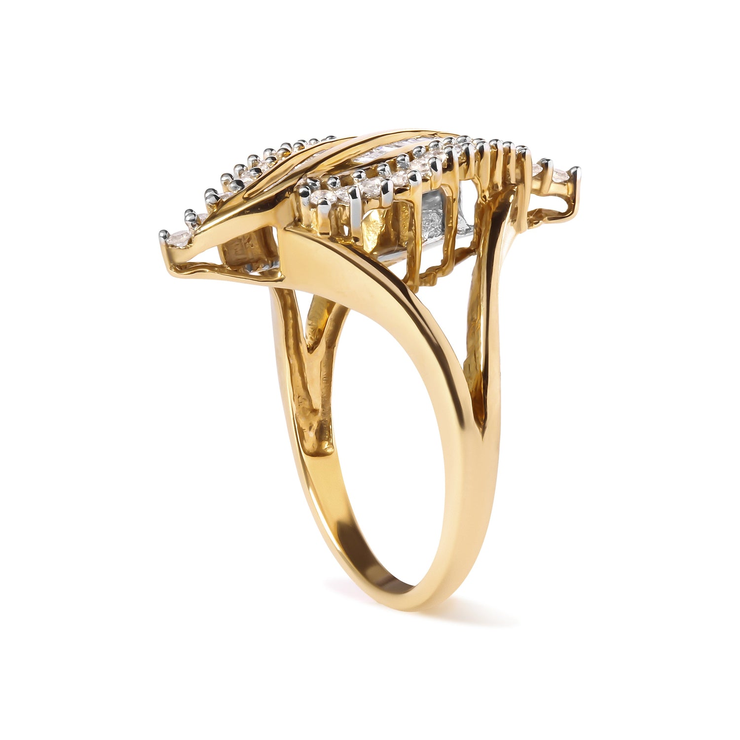 10K Yellow Gold 1/2 Cttw Round and Baguette Cut Diamond Cocktail Ring (H-I Color, I1-I2 Clarity) by Bids.com