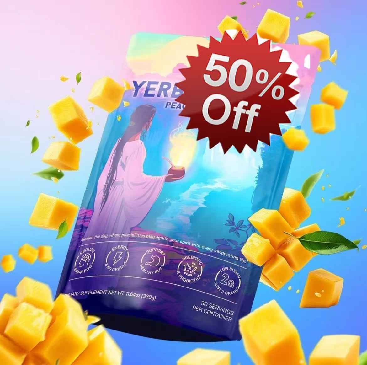 Yerba Mate Instant Tea Powder, 3-in-1 Super Drink - Clean Energy, Brain Fog Buster, and Gut Health Powered by Nootropics, Prebiotics and Probiotics | Yerba Magic Peach Mango 30 Servings