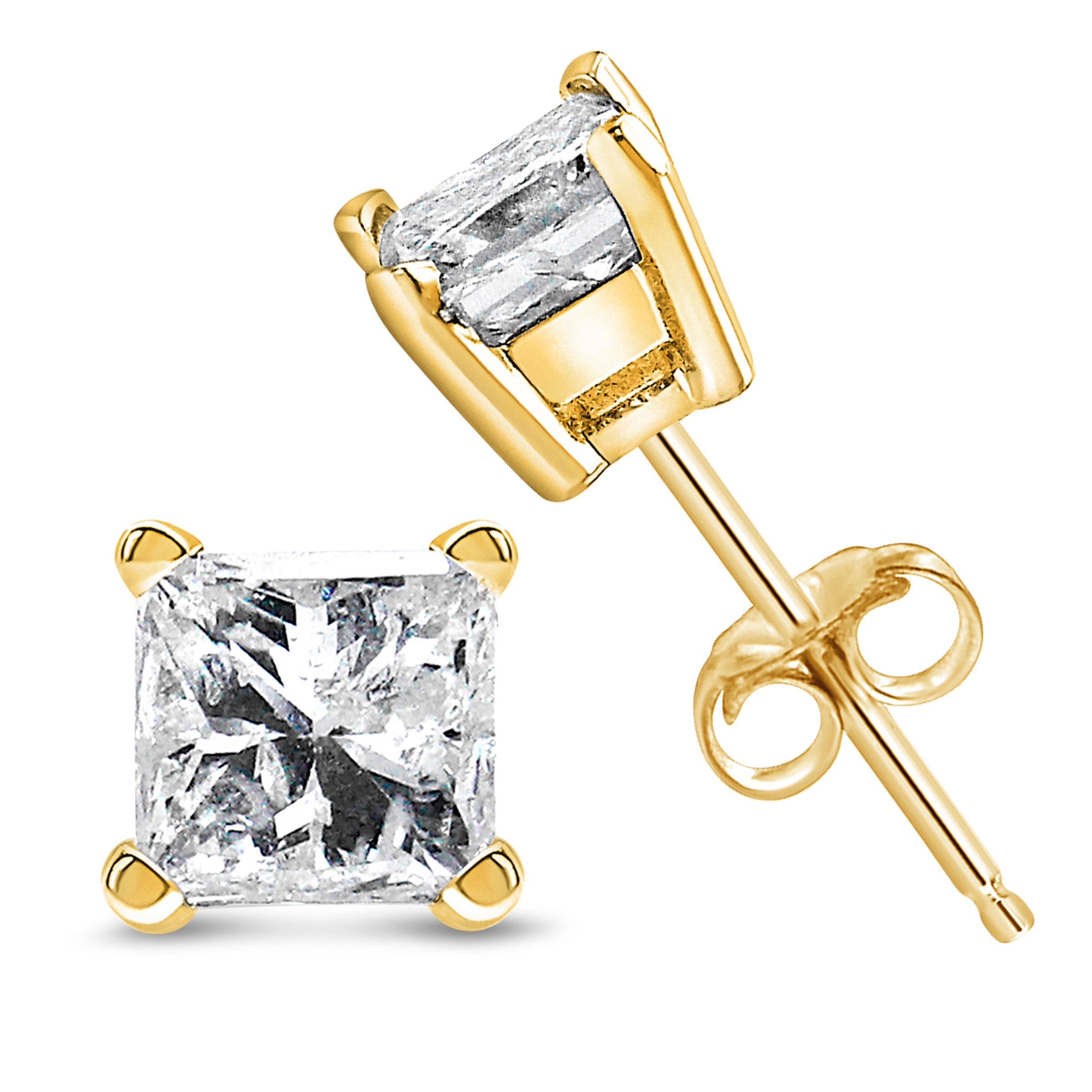 AGS Certified 14k Yellow Gold 1/4 Cttw 4-Prong Set Princess-Cut Solitaire Diamond Push Back Stud Earrings (H-I Color, SI1-SI2 Clarity) by Bids.com