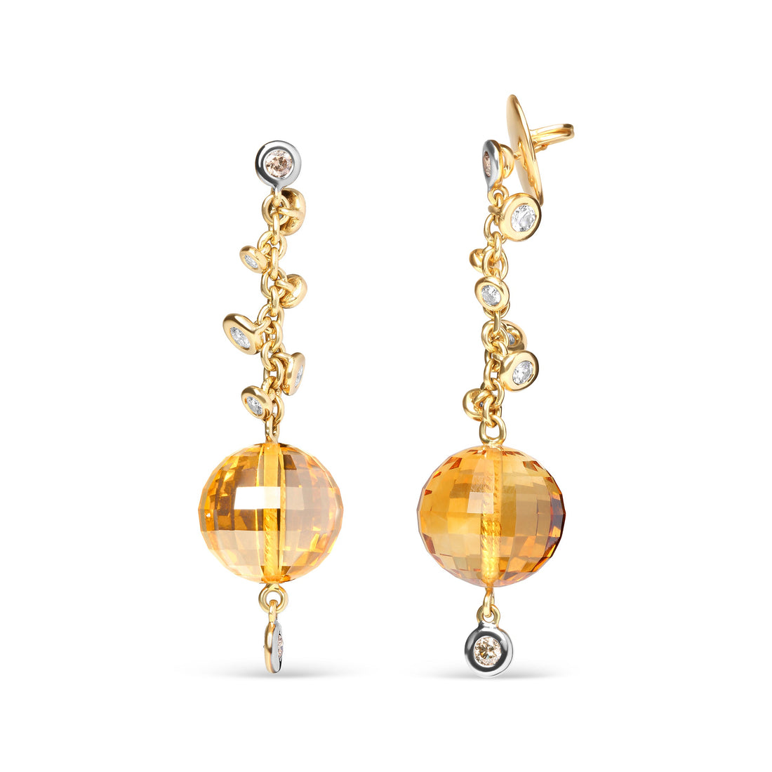 18K Yellow Gold 2/3 Cttw Round Bezel Diamond and 25mm Ball Shaped Yellow Citrine Gemstone Dangle Stud Earring (Brown and G-H Color, SI1-SI2 Clarity) - DestGlow
