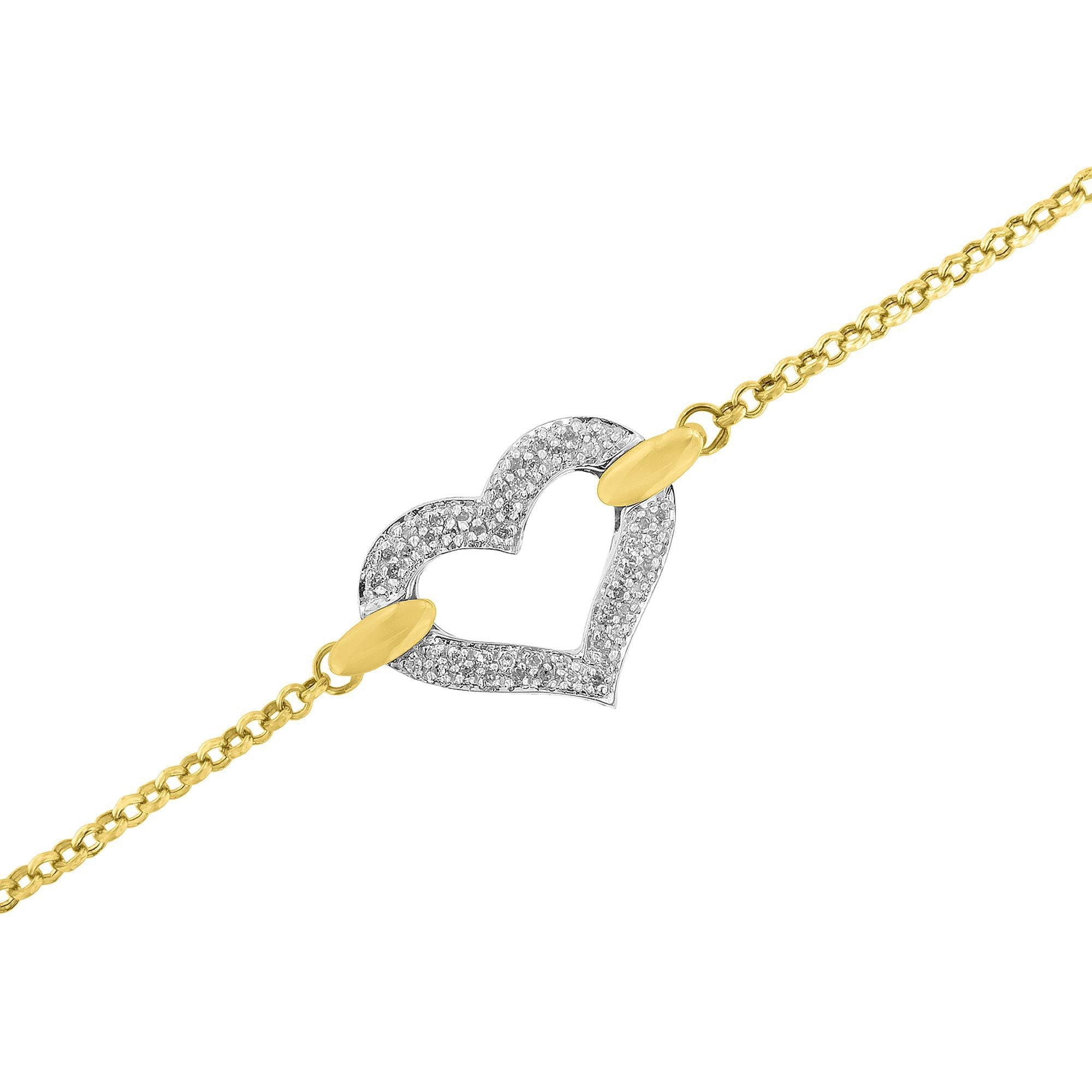 10K Two Tone Gold 1/4 Cttw Diamond Encrusted Heart Charm 7" Bracelet (H-I Color, I1-I2 Clarity) by Bids.com