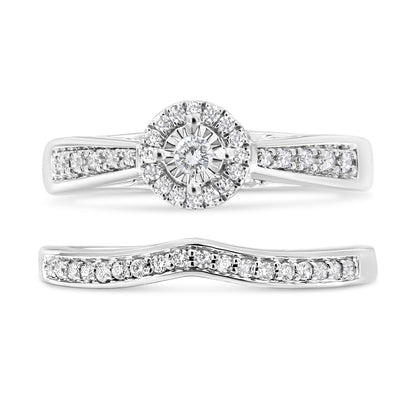 .925 Sterling Silver 1/3 Cttw Diamond Halo and Pave Shank Engagement Ring Set (I-J Color, I3 Clarity) - Ring Size 7 by Bids.com