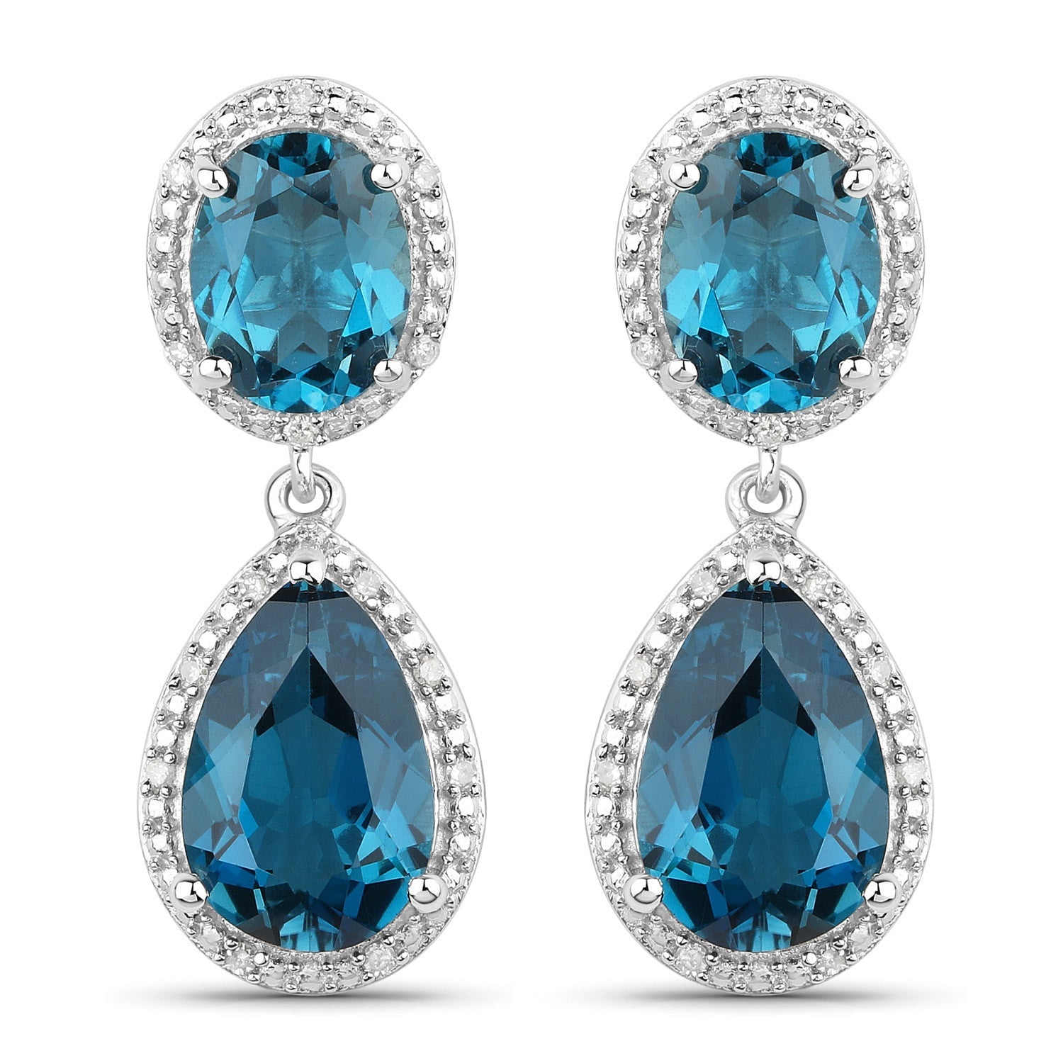 11.45 Carat Genuine London Blue Topaz and White Diamond .925 Sterling Silver Earrings  DestGlow