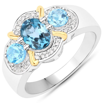 1.64 Carat Genuine London Blue Topaz, Swiss Blue Topaz and White Diamond .925 Sterling Silver Ring by Bids.com