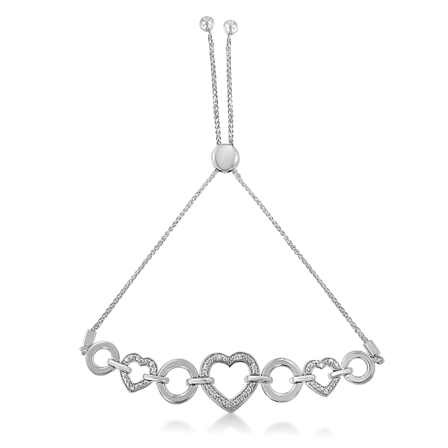 .925 Sterling Silver 1/10 Cttw Round-Cut Diamond Heart-Link Adjustable Bolo Bracelet ( H-I Color, I2-I3 Clarity) - 6"-9" Adjustable by Bids.com
