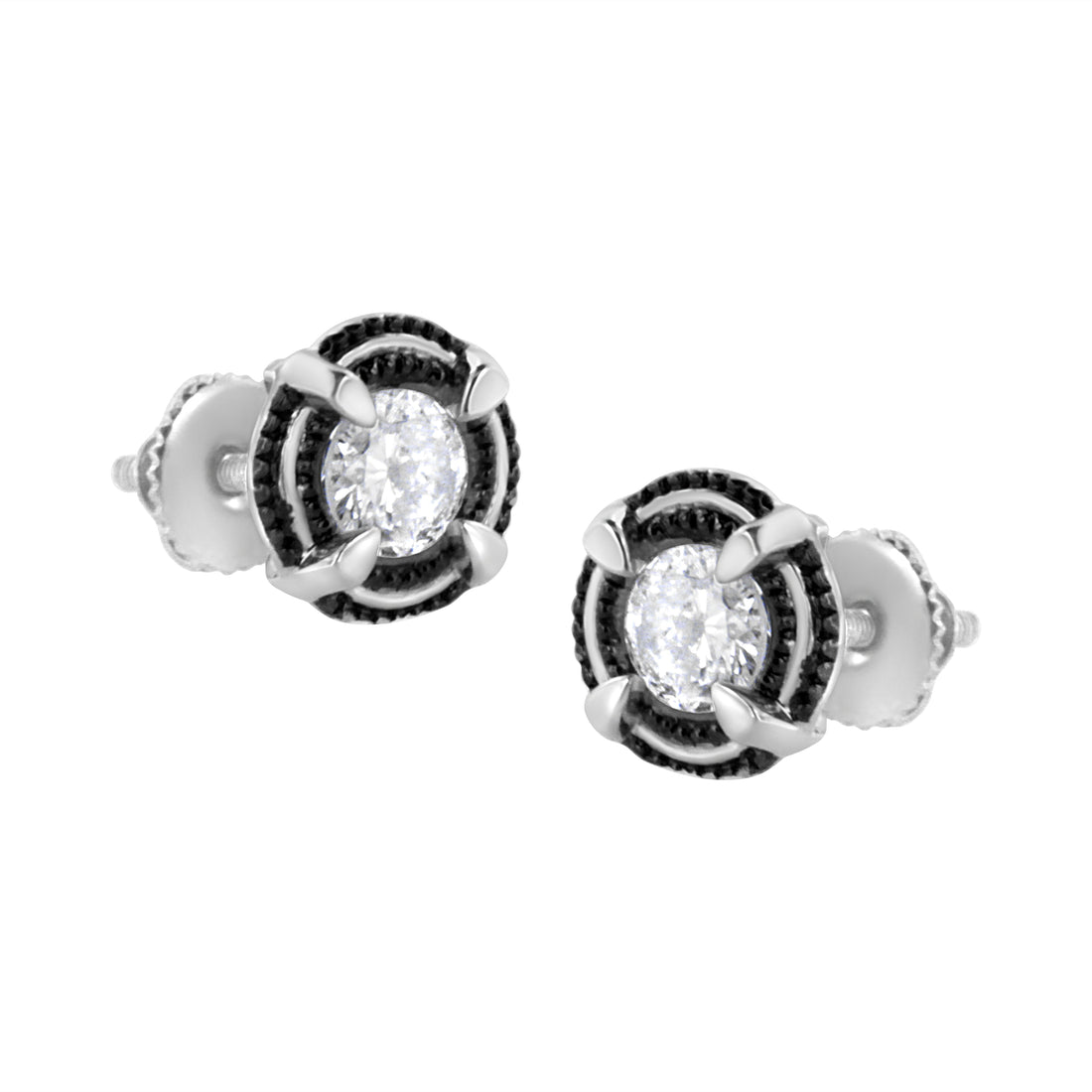 Black Rhodium Plated .925 Sterling Silver Round 1-1/2 cttw Diamond Double Halo 4-Prong Solitaire Milgrain Stud Earrings (H-I Color, I2-I3 Clarity) by Bids.com