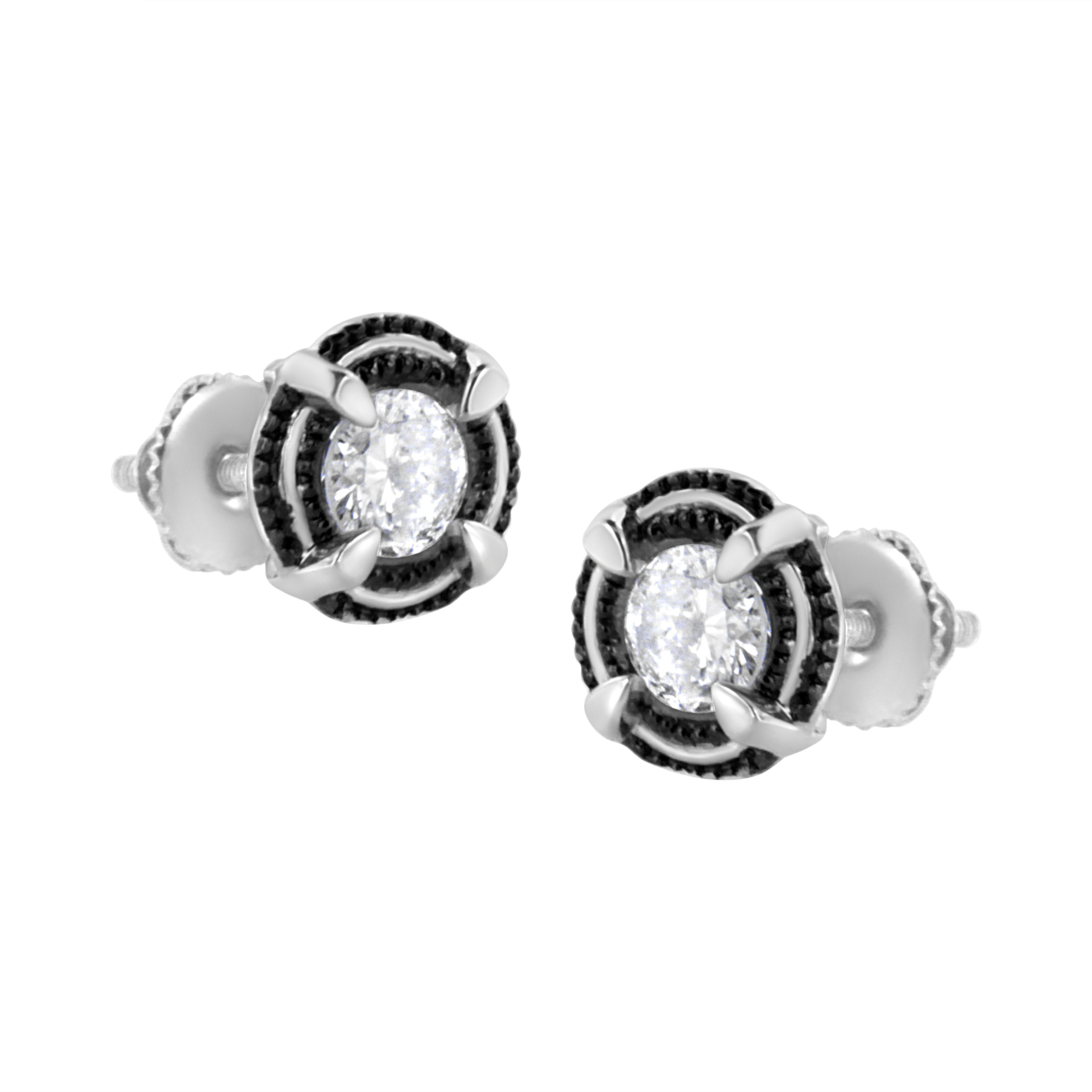 Black Rhodium Plated .925 Sterling Silver Round 1-1/2 cttw Diamond Double Halo 4-Prong Solitaire Milgrain Stud Earrings (H-I Color, I2-I3 Clarity) by Bids.com