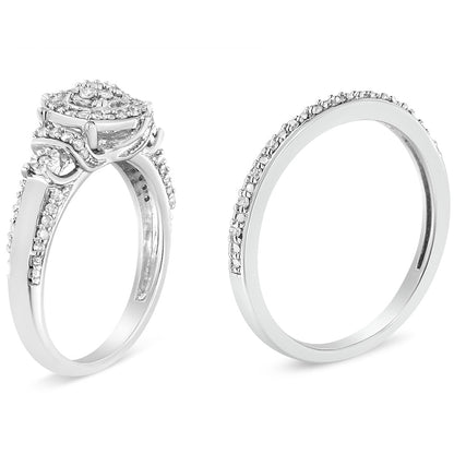 .925 Sterling Silver 1/3 Cttw Diamond 7 Stone Cluster and Halo Engagement Ring and Wedding Band Set (I-J Color, I1-I2 Clarity) - Size 7 by Bids.com
