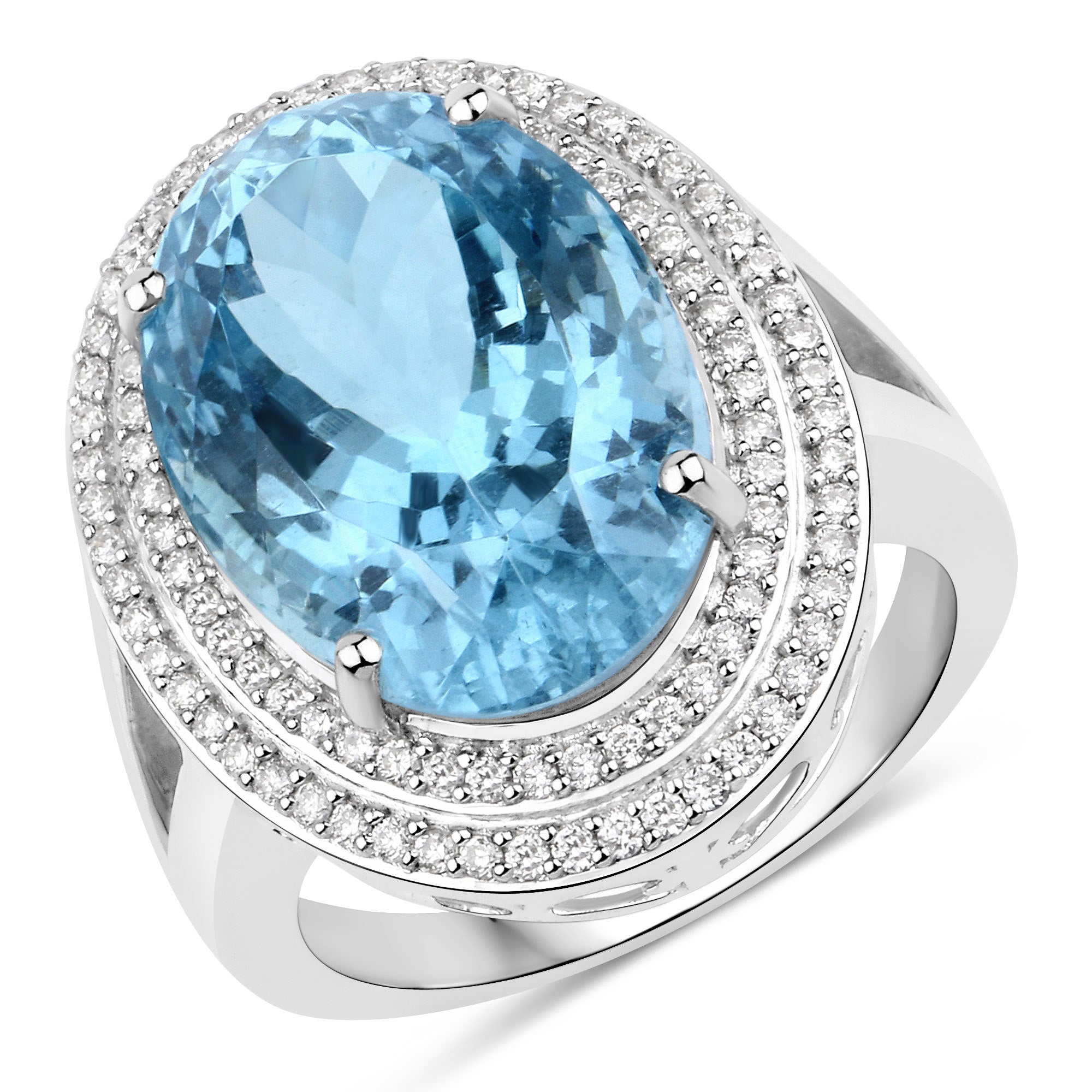 12.89 Carat Genuine Aquamarine and White Diamond 14K White Gold Ring by Bids.com