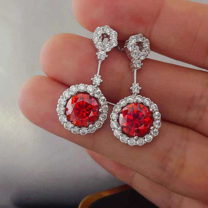 4 Carat Ruby Red Crystal Drop Earrings with Rhinestone Halo