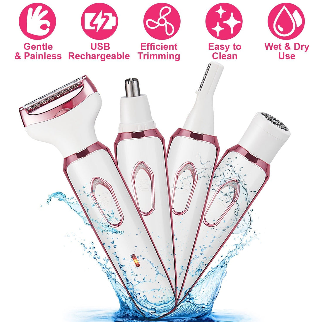 4 In 1 Electric Razor for Women Painless Grooming Kit Rechargeable Eyebrow Nose Hair Pubic Hair Bikini Trimmer Face Shaver 