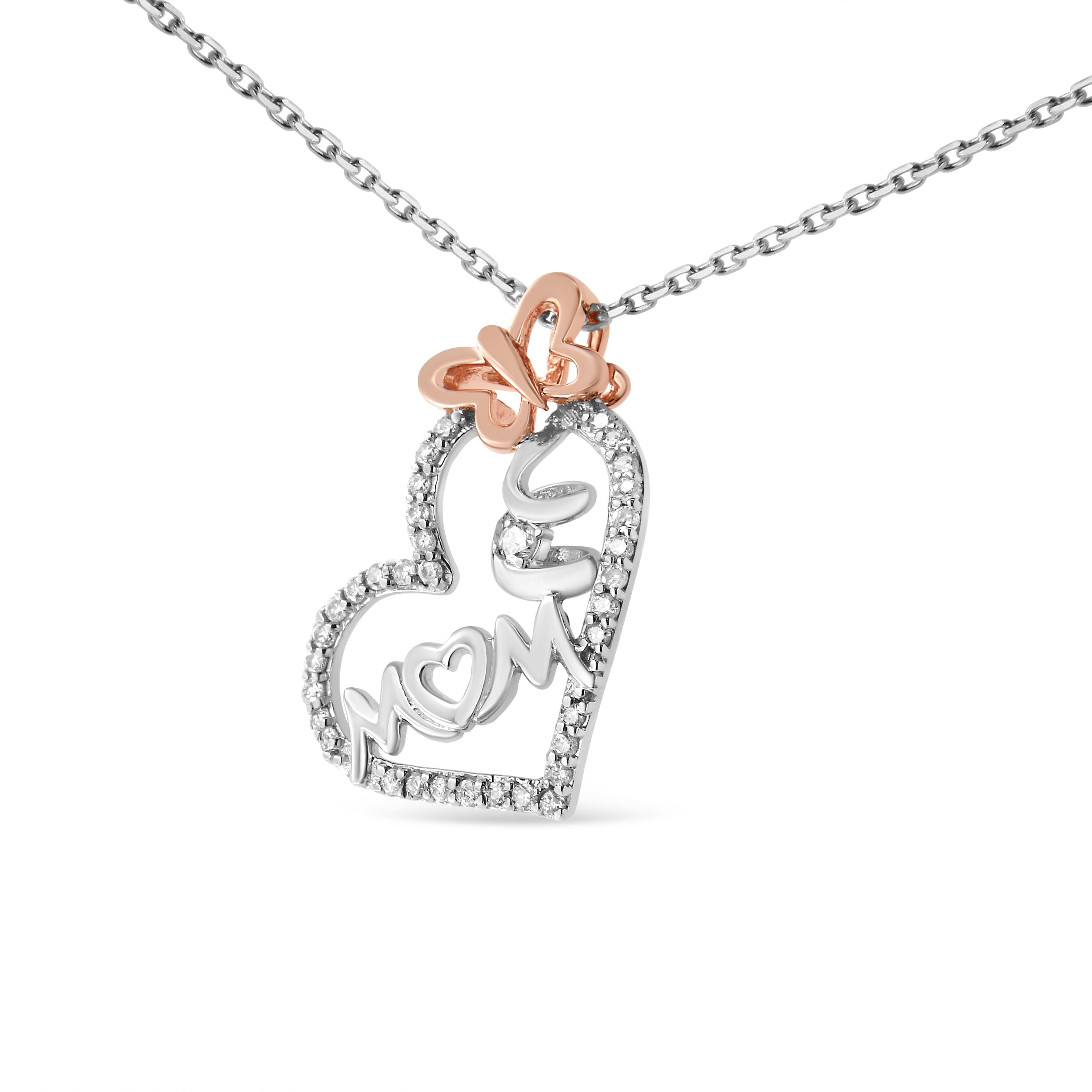 Two Tone .925 Sterling Silver 1/5 cttw Diamond "Mom" and Heart Pendant Necklace (H-I, I1-I2) by Bids.com