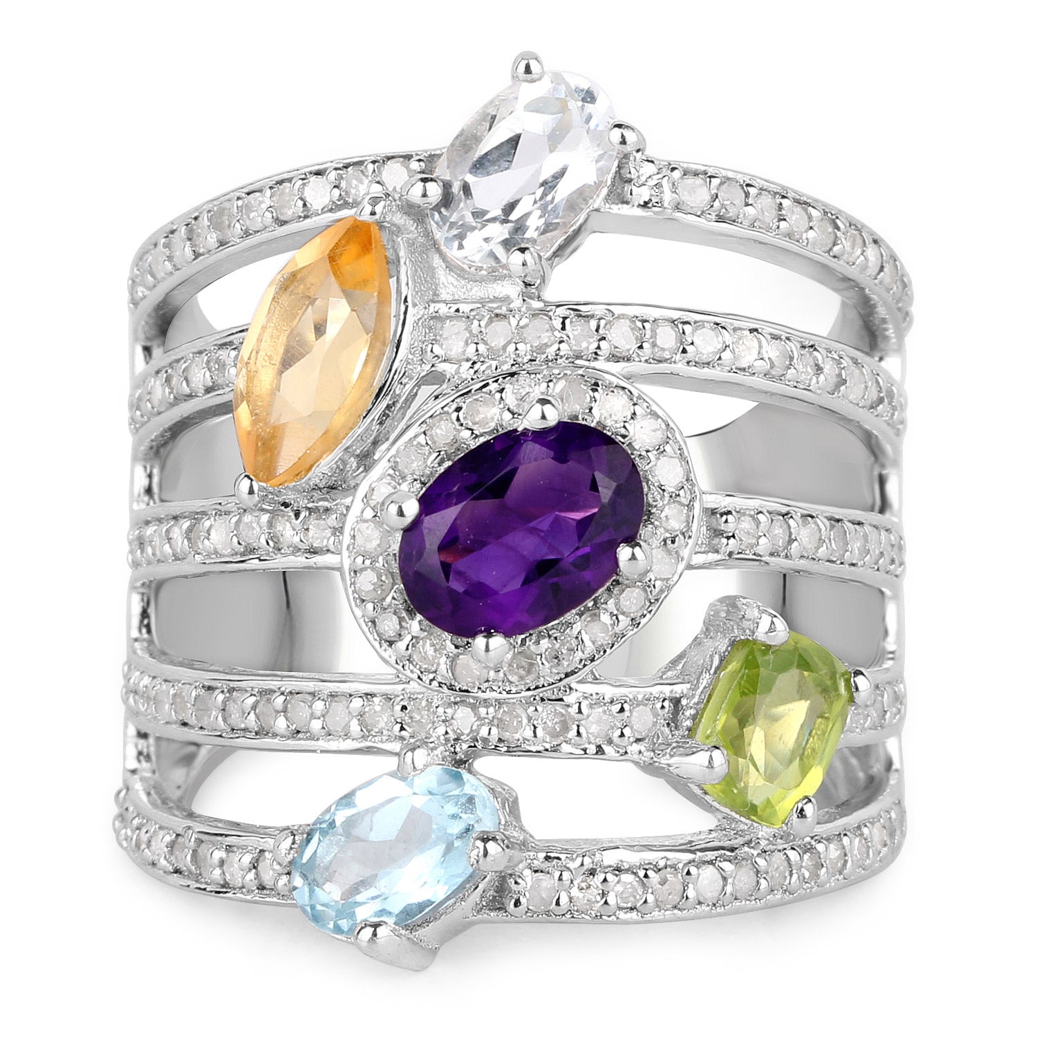 3.66 Carat Genuine Multi Stones .925 Sterling Silver Ring by Bids.com