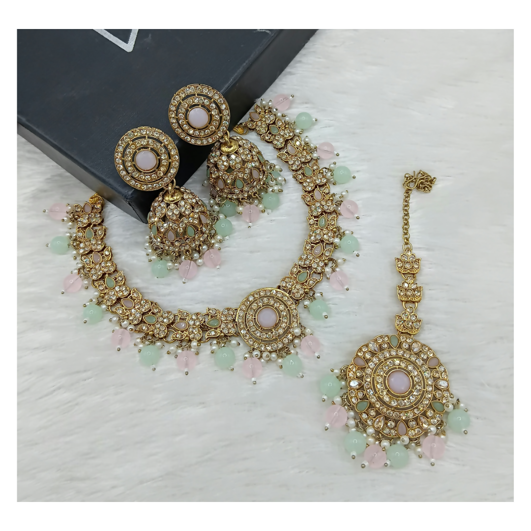 Joban Fashion L.Pink-Sea Green Stone Work Necklace Set