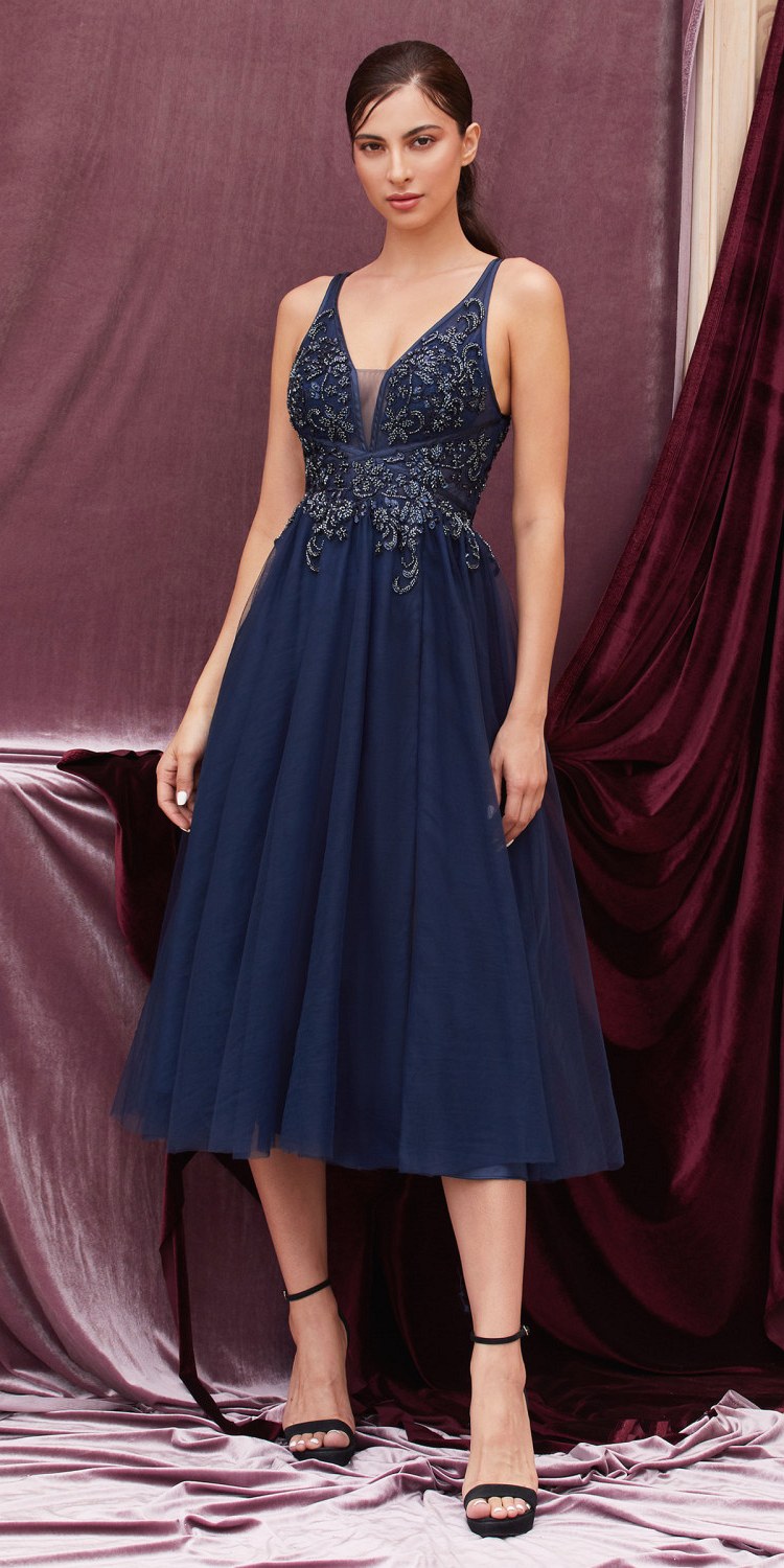 Andrea &amp; Leo A0762s Appliqued Bodice Tea-Length Dress