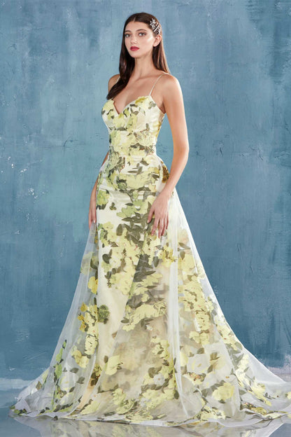 Andrea &amp; Leo A0770 Floor Length Sheath Organza Print Formal Gown