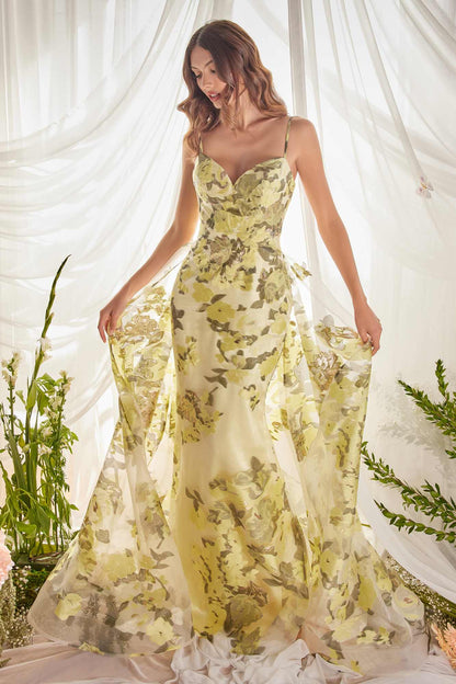 Andrea &amp; Leo A0770 Floor Length Sheath Organza Print Formal Gown