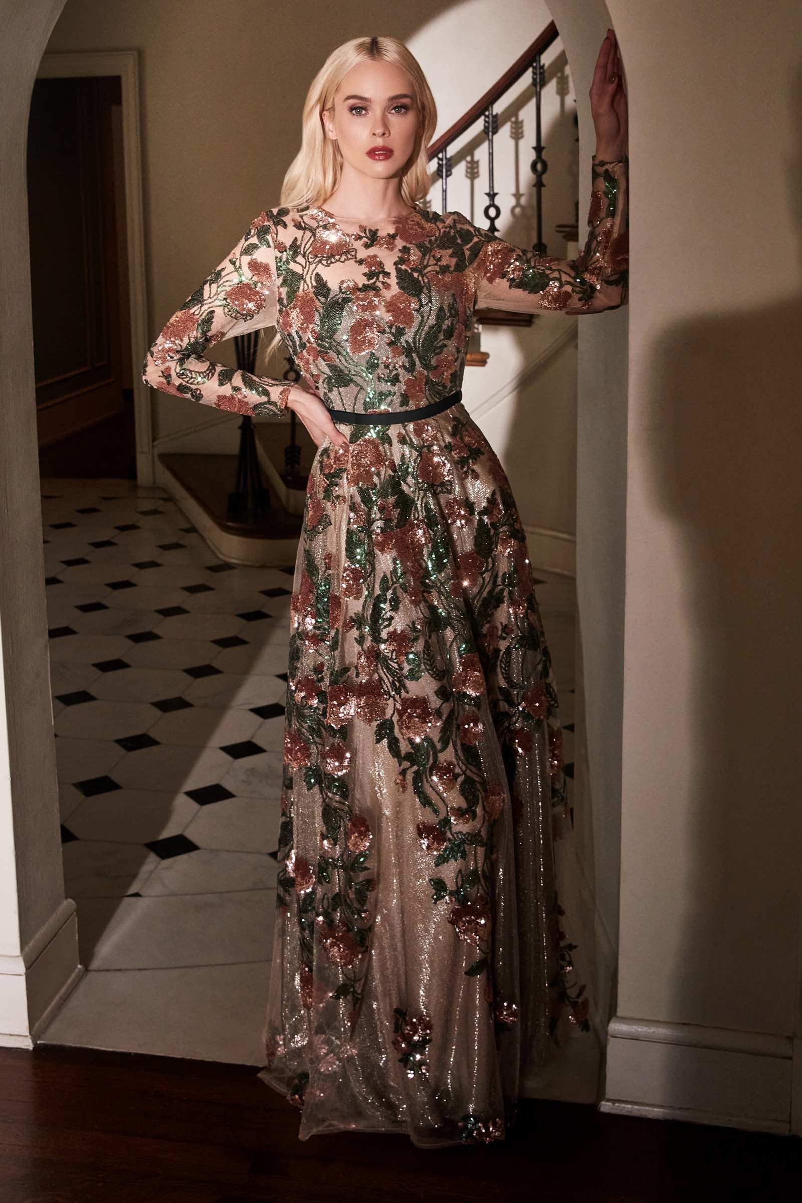 Andrea &amp; Leo A0926 Long Sleeved Evening Gown with Floral Appliques