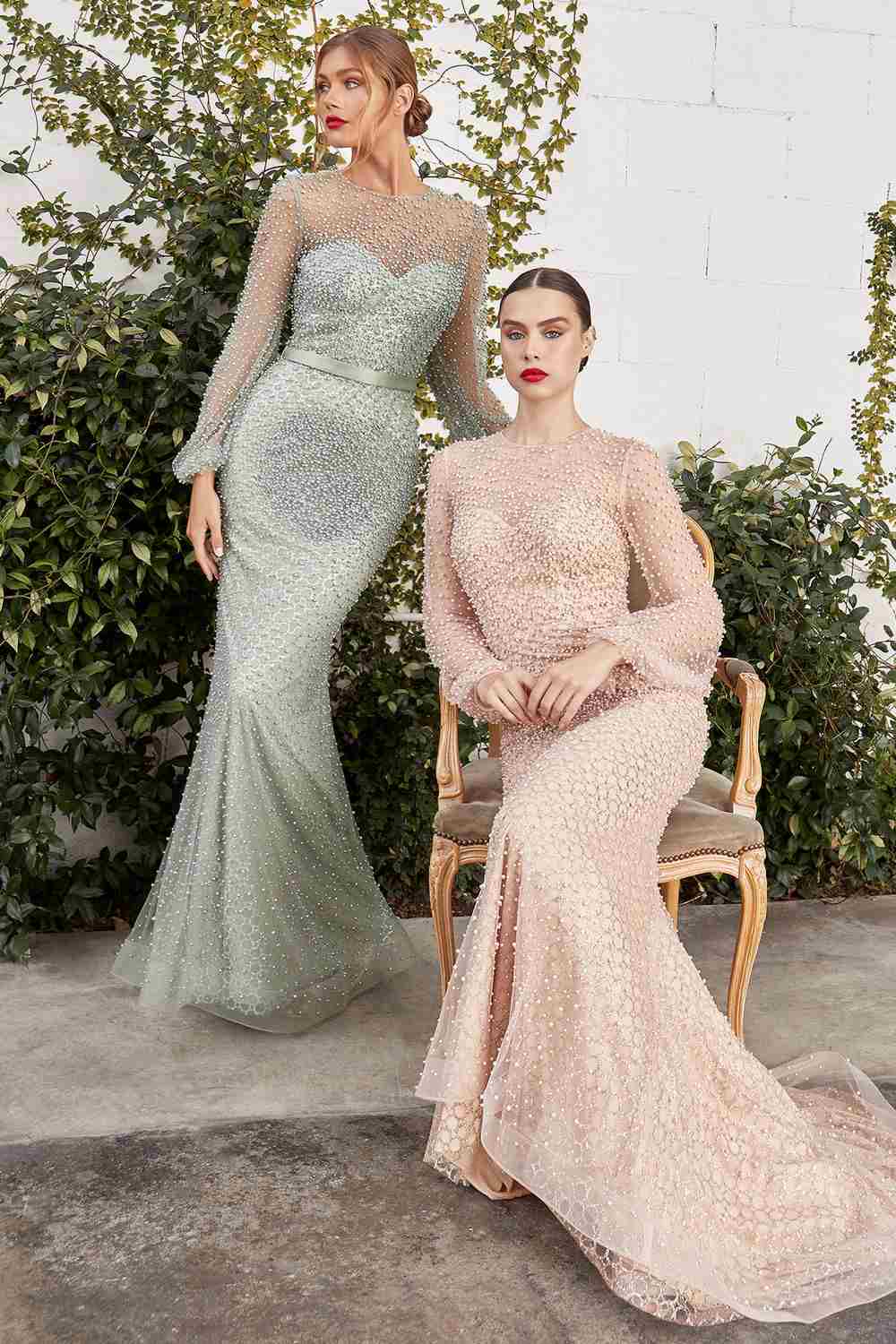 Andrea &amp; Leo A0997W Pearl Beaded Long Sleeve Fit and Flare Long Dress
