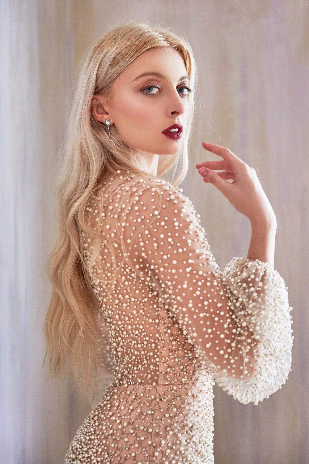 Andrea &amp; Leo A0997W Pearl Beaded Long Sleeve Fit and Flare Long Dress