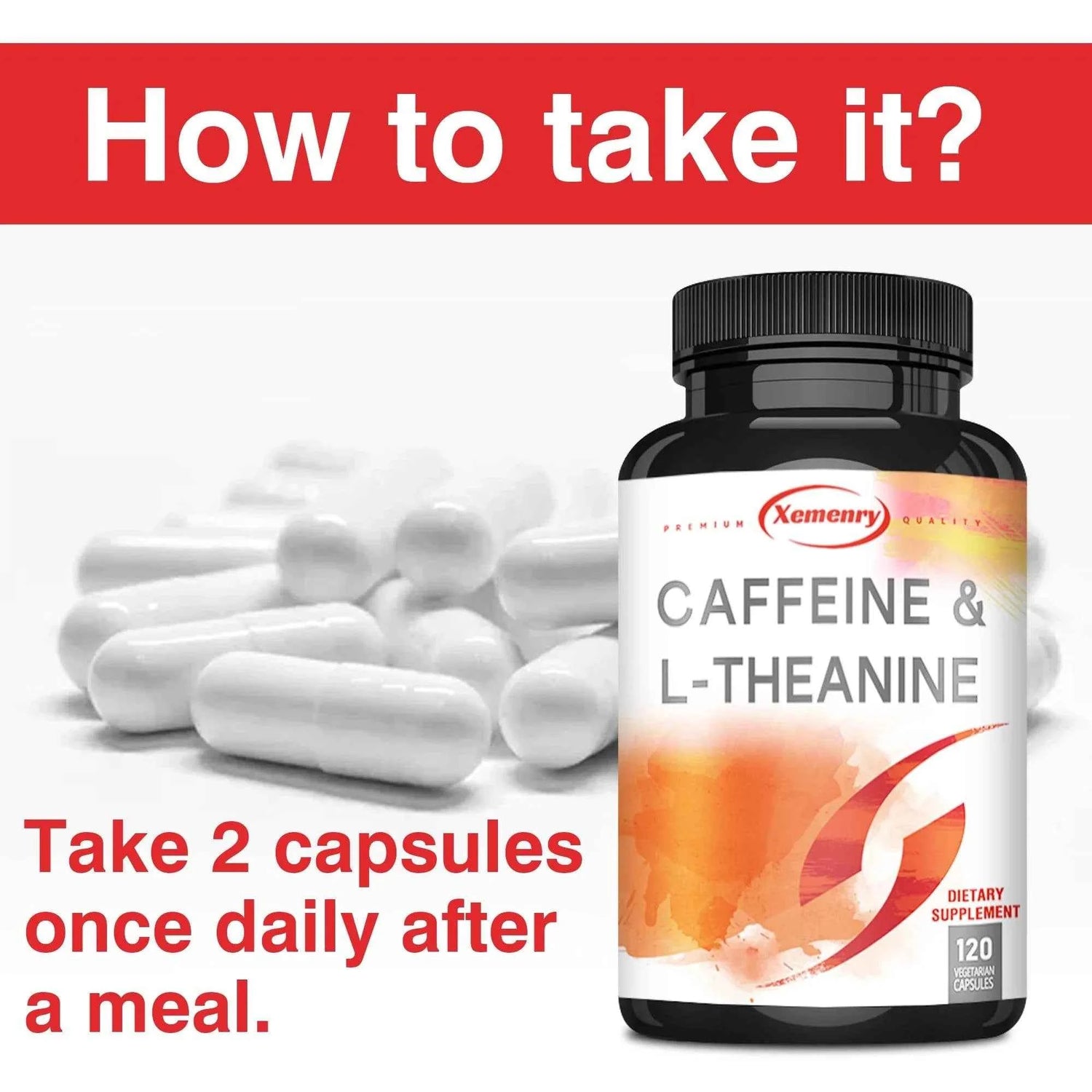 Caffeine &amp; L-theanine Capsules - Enhances Energy Levels, Focus and Concentration - 120 Capsules