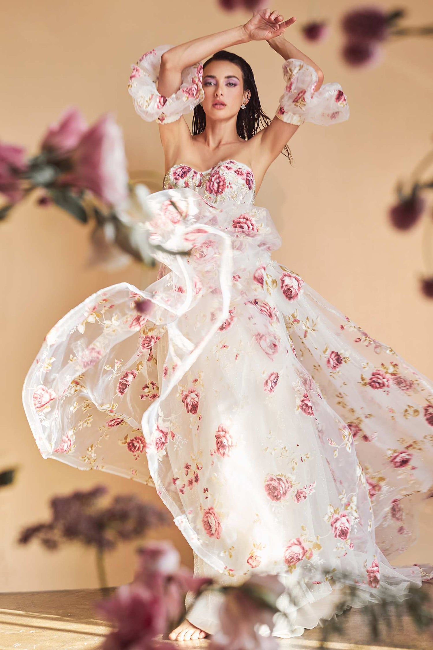 Andrea &amp; Leo A1133 Floor Length Strapless Organza Peony Print Ball Gown