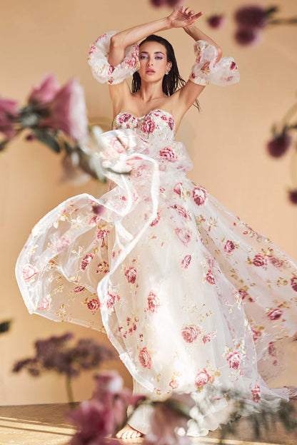 Andrea &amp; Leo A1133 Floor Length Strapless Organza Peony Print Ball Gown