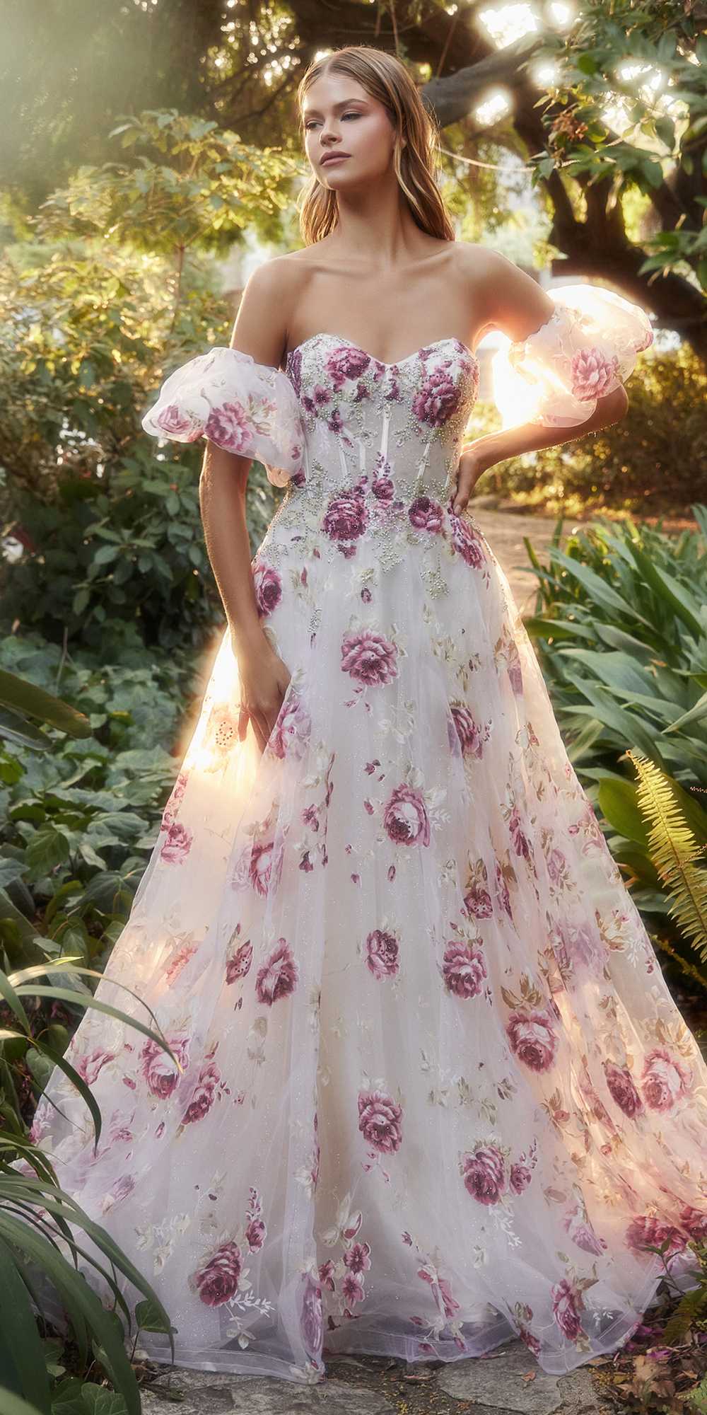 Andrea &amp; Leo A1133 Floor Length Strapless Organza Peony Print Ball Gown