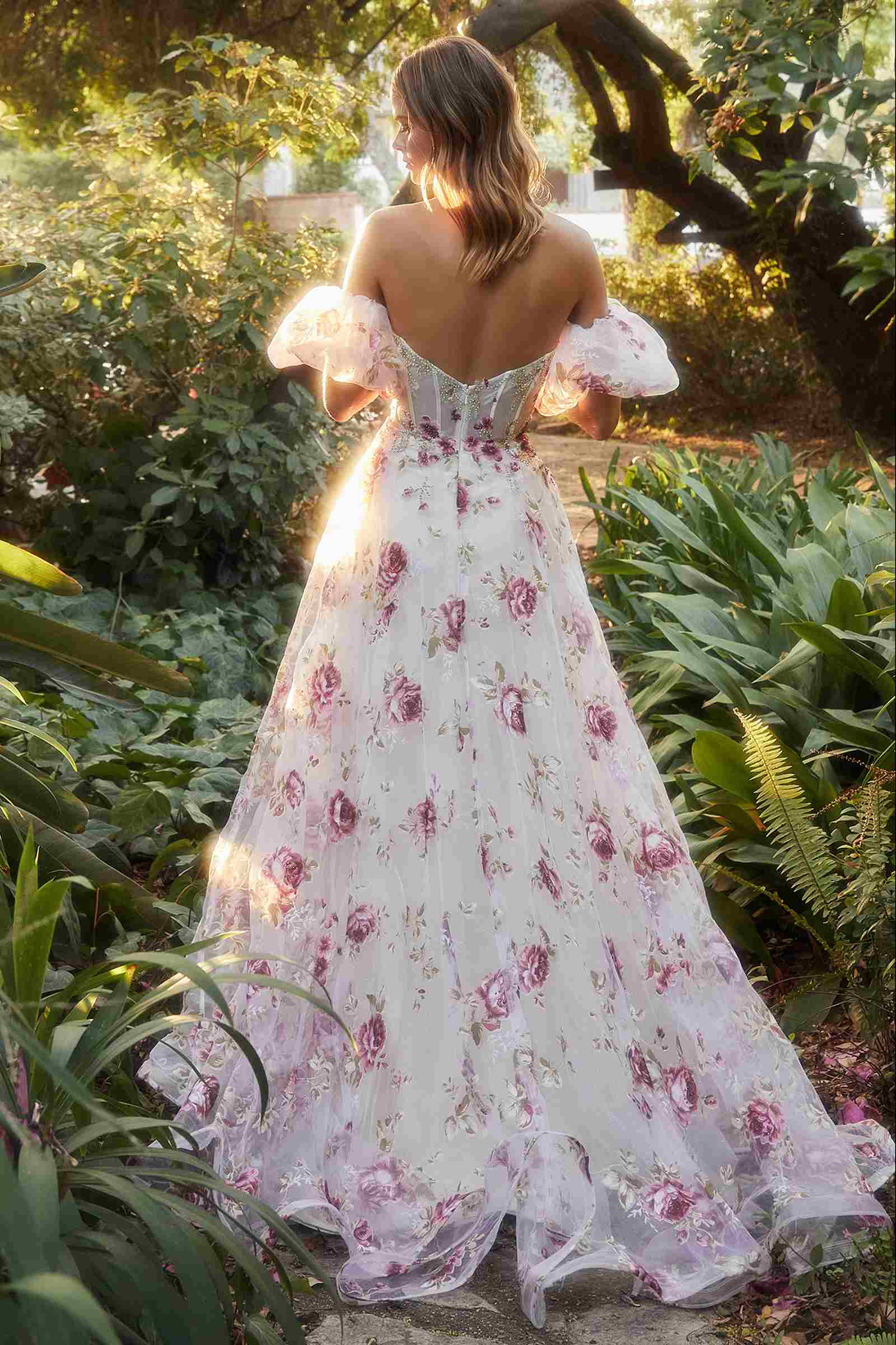 Andrea &amp; Leo A1133 Floor Length Strapless Organza Peony Print Ball Gown