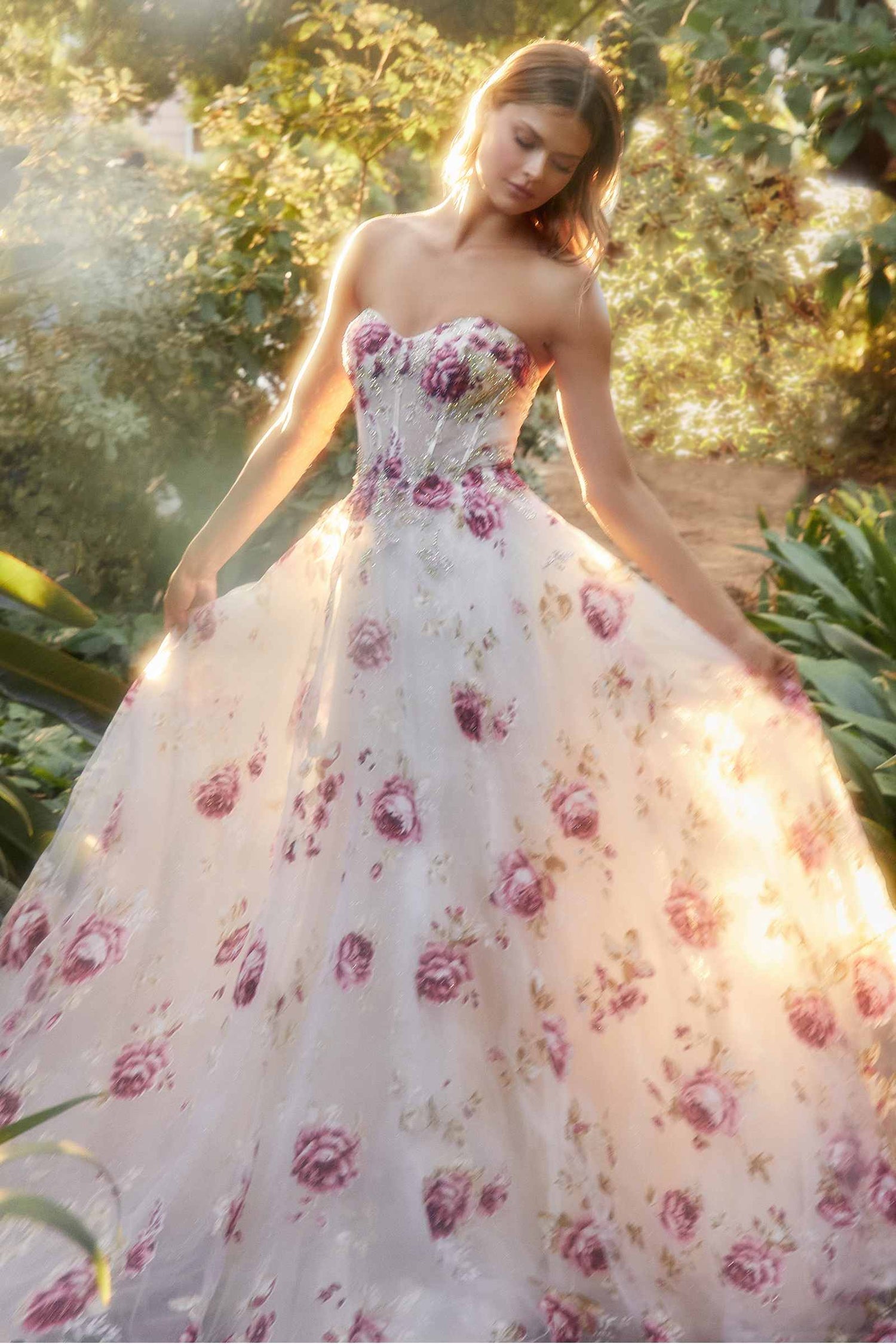 Andrea &amp; Leo A1133 Floor Length Strapless Organza Peony Print Ball Gown