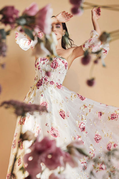 Andrea &amp; Leo A1133 Floor Length Strapless Organza Peony Print Ball Gown