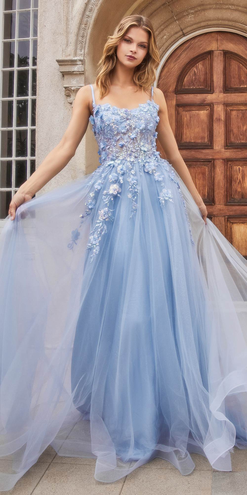 Andrea &amp; Leo A1142 Floor Length Floral Applique A-Line Tulle Gown