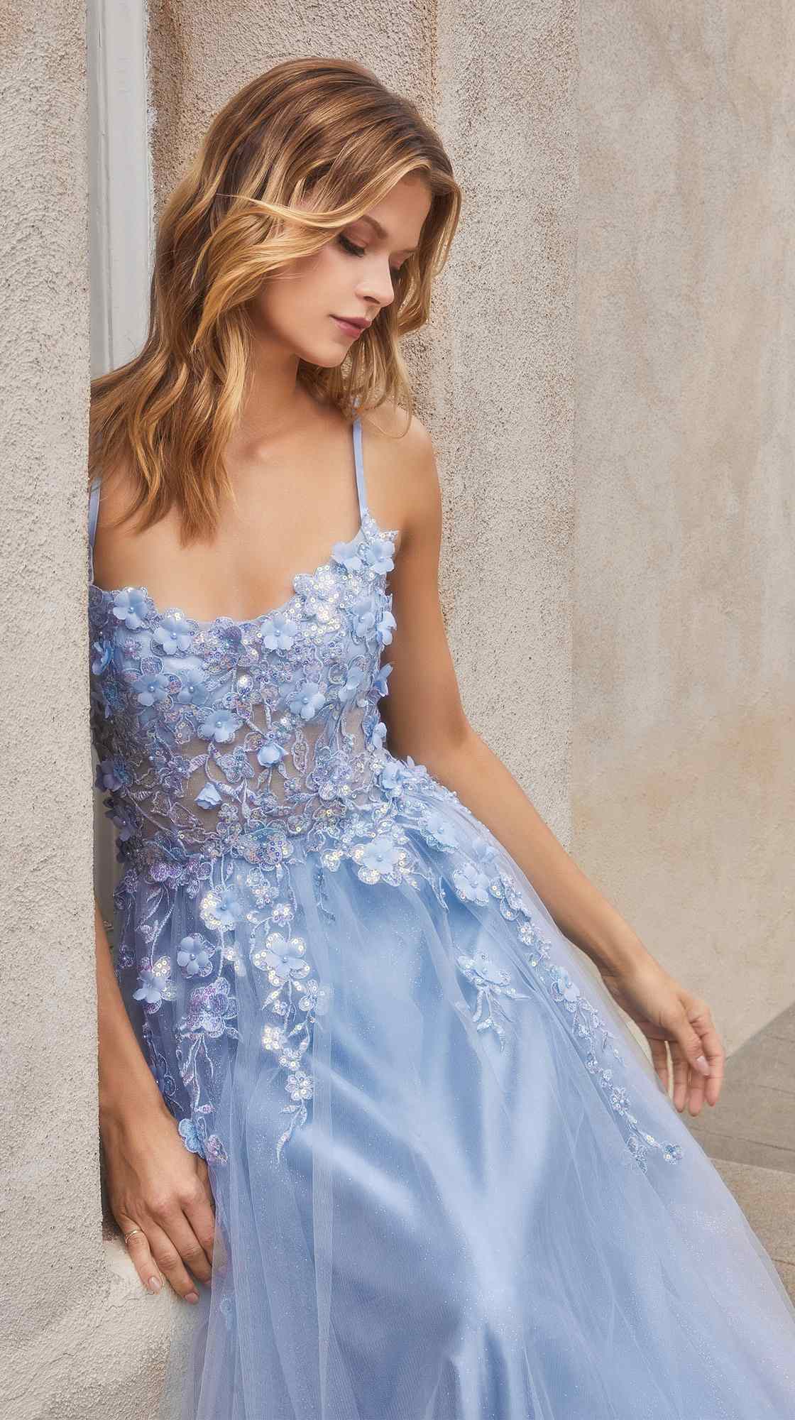 Andrea &amp; Leo A1142 Floor Length Floral Applique A-Line Tulle Gown
