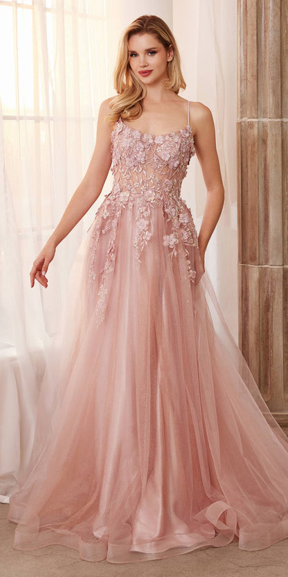 Andrea &amp; Leo A1142 Floor Length Floral Applique A-Line Tulle Gown