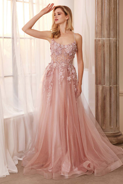 Andrea &amp; Leo A1142 Floor Length Floral Applique A-Line Tulle Gown