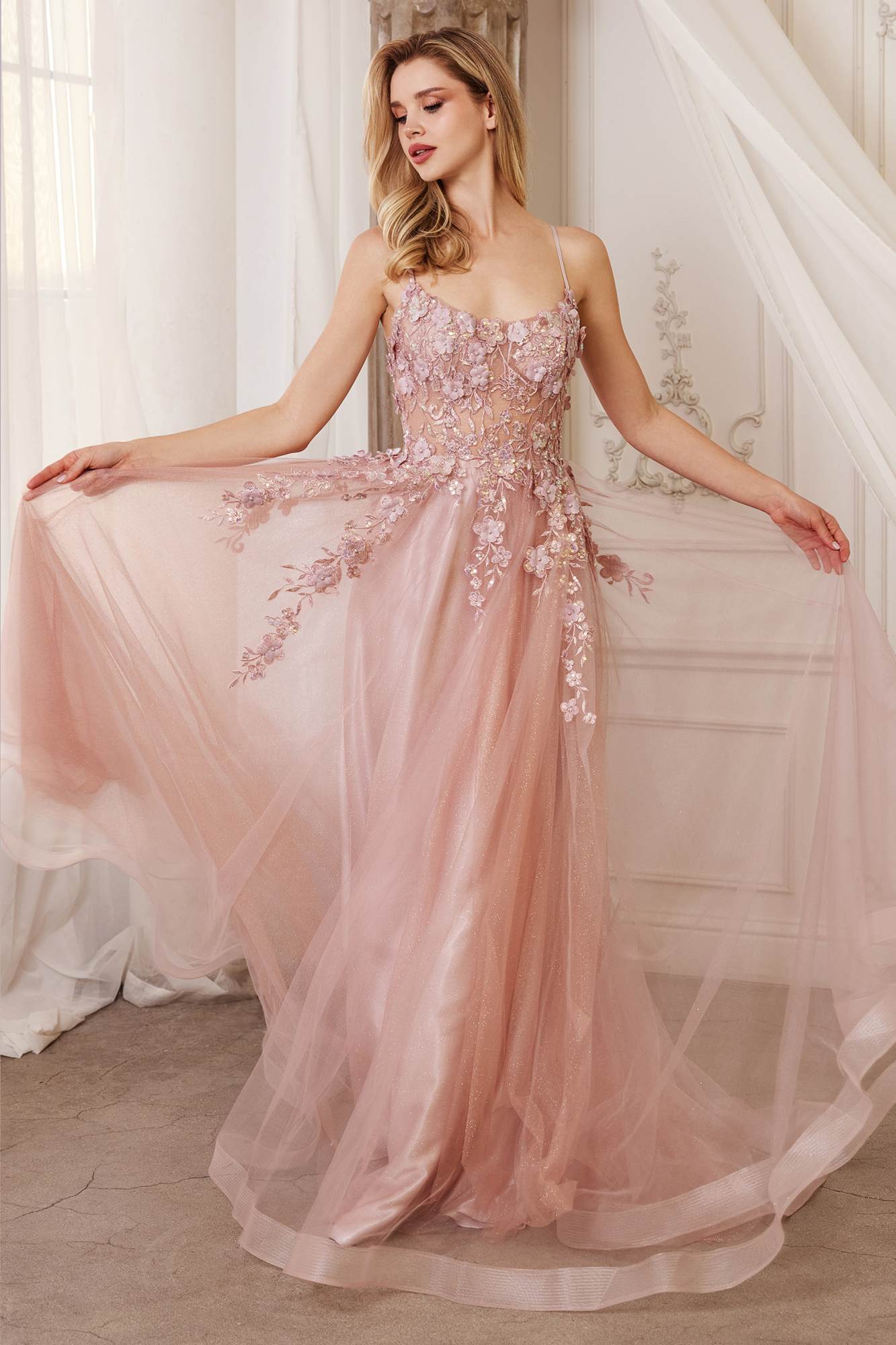 Andrea &amp; Leo A1142 Floor Length Floral Applique A-Line Tulle Gown