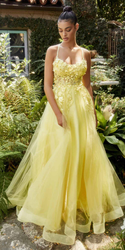 Andrea &amp; Leo A1142 Floor Length Floral Applique A-Line Tulle Gown