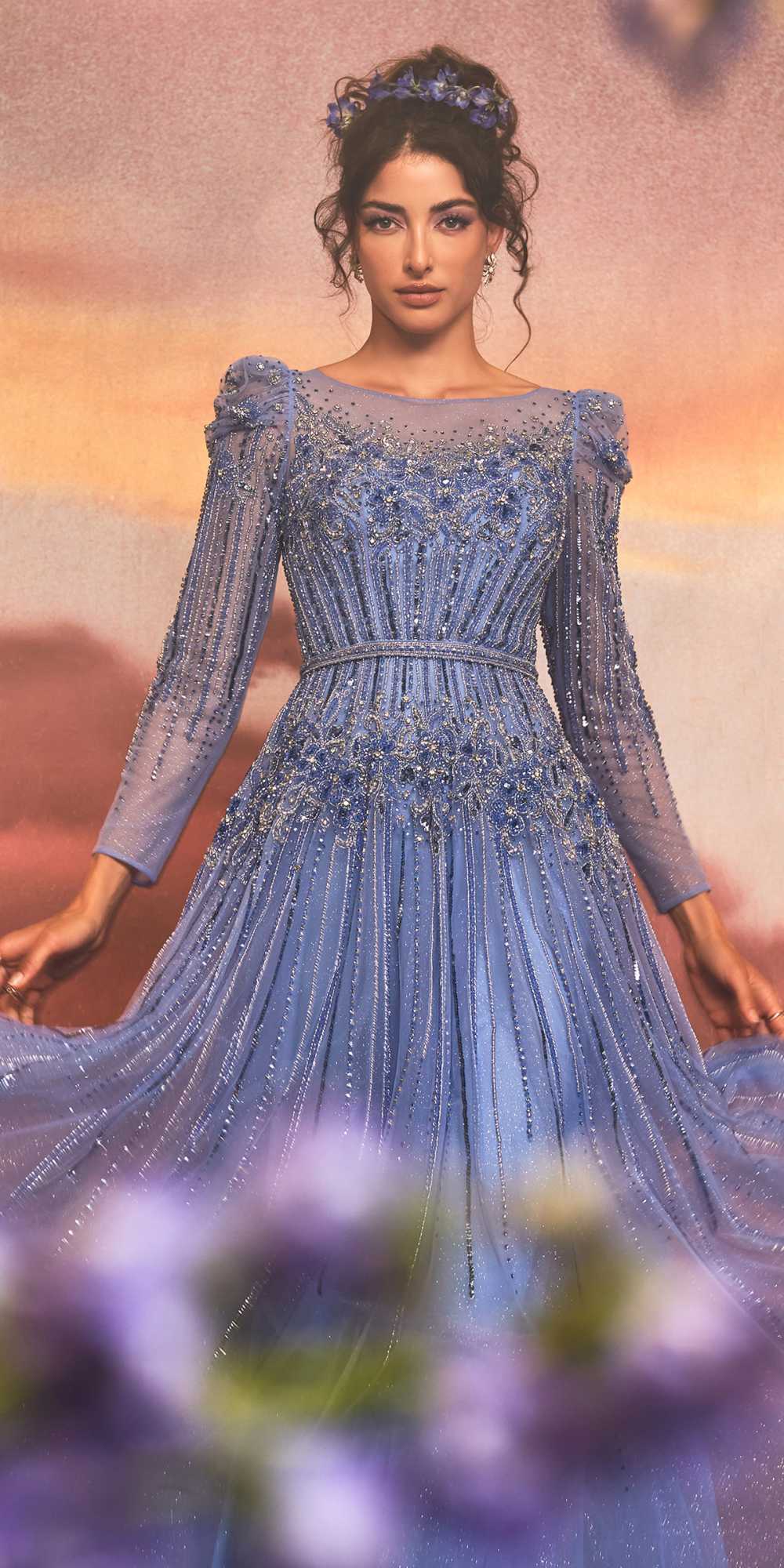 Andrea &amp; Leo A1167 Floor Length Azurite Beaded Long Sleeve A-Line Gown