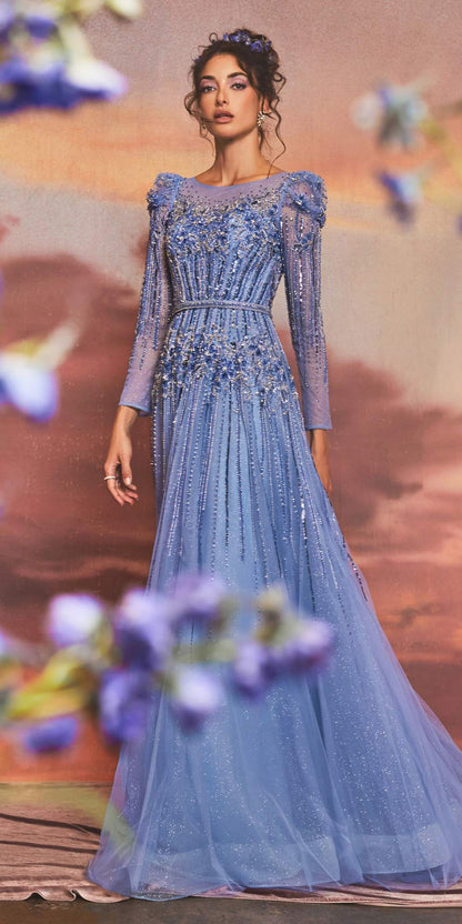 Andrea &amp; Leo A1167 Floor Length Azurite Beaded Long Sleeve A-Line Gown