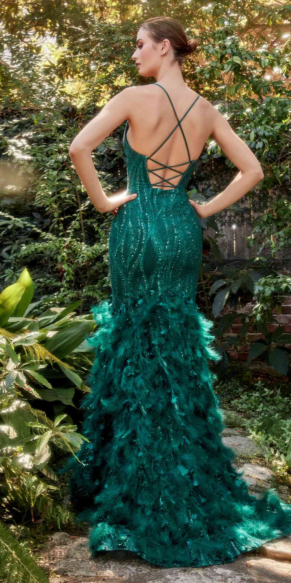 Andrea &amp; Leo A1171 Long Emerald Dust Feather Mermaid Gown