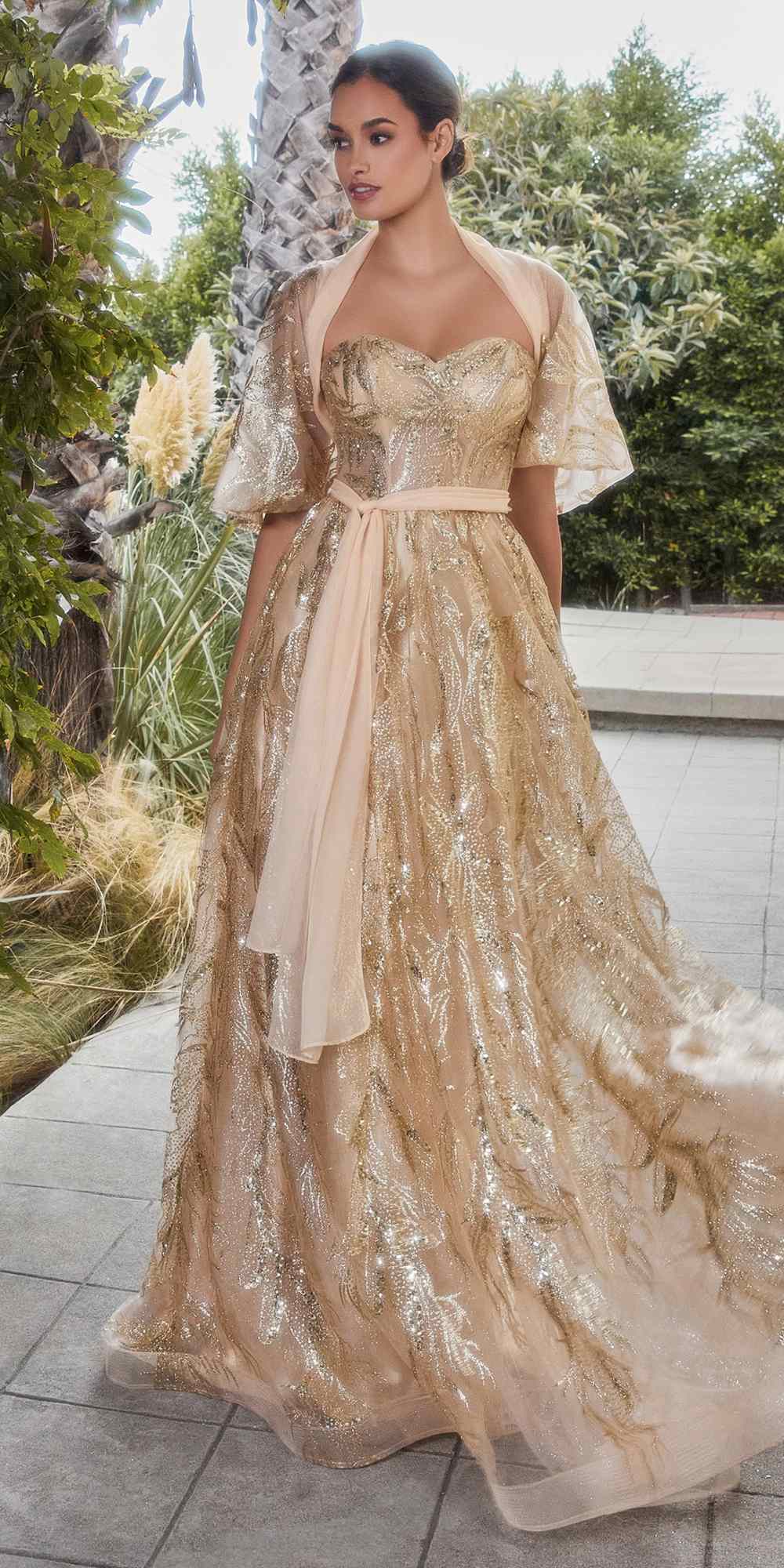 Andrea &amp; Leo A1174 Shimmer Leaf Motif Ball Gown with Matching Shawl