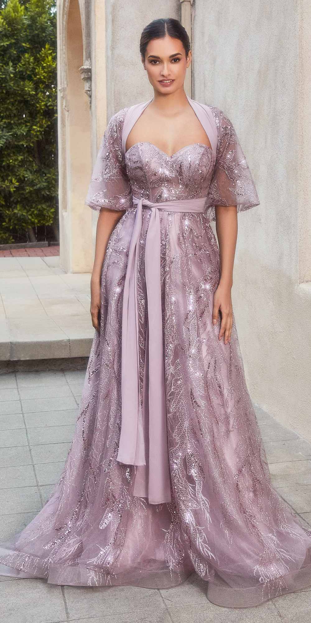 Andrea &amp; Leo A1174 Shimmer Leaf Motif Ball Gown with Matching Shawl