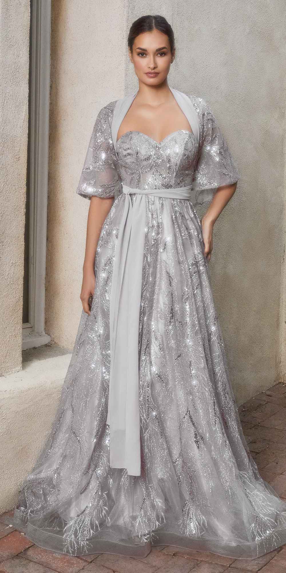 Andrea &amp; Leo A1174 Shimmer Leaf Motif Ball Gown with Matching Shawl